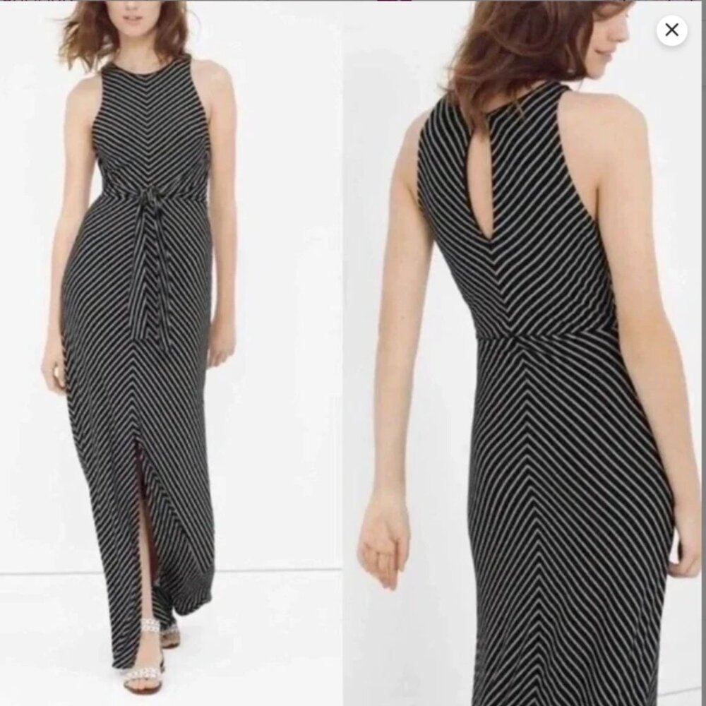 White House Black Market Jersey Striped Chevron Maxi Dress Black & White M EUC